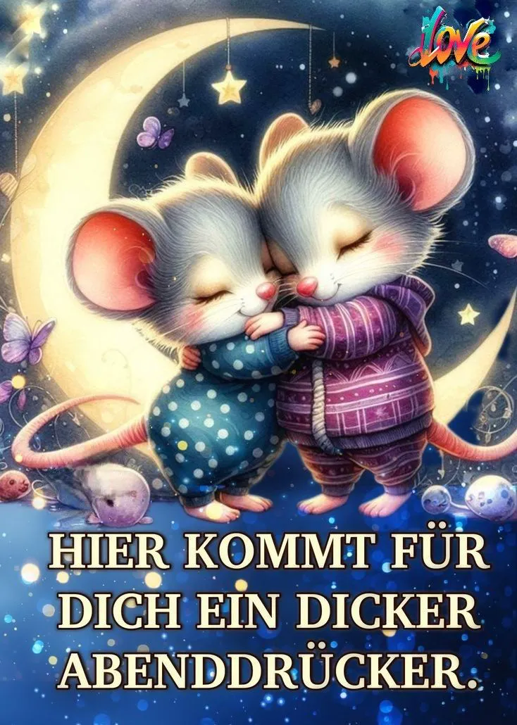Ein digitales Bild von zwei Mäusen, die sich unter einem Vollmond umarmen, umgeben von Sternen und Schmetterlingen